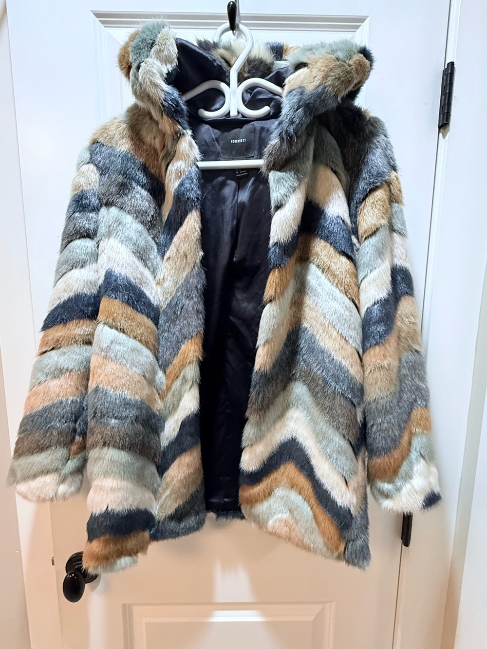 Forever 21 Multicolor Chevron Faux Fur Hooded Jacket
